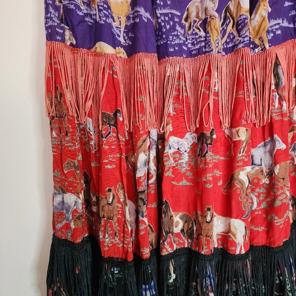 Vtg Why Not! Horse Print Tiered Maxi Skirt S Western Boho Rayon Fringe Red